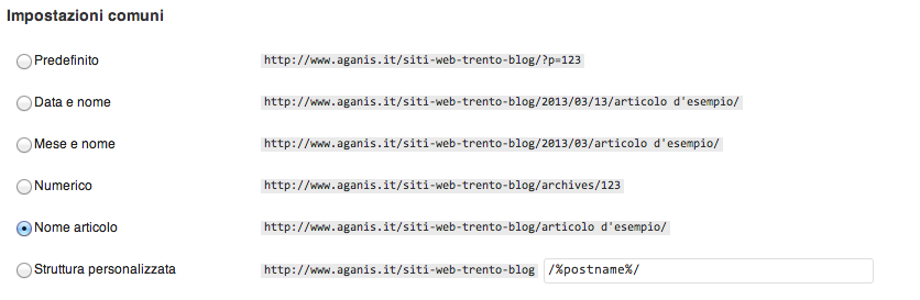 permalink wordpress siti web trento